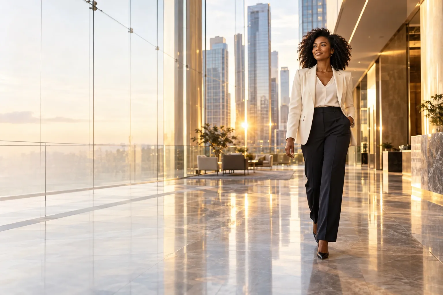 An executive walking through a sunlit glass office atrium